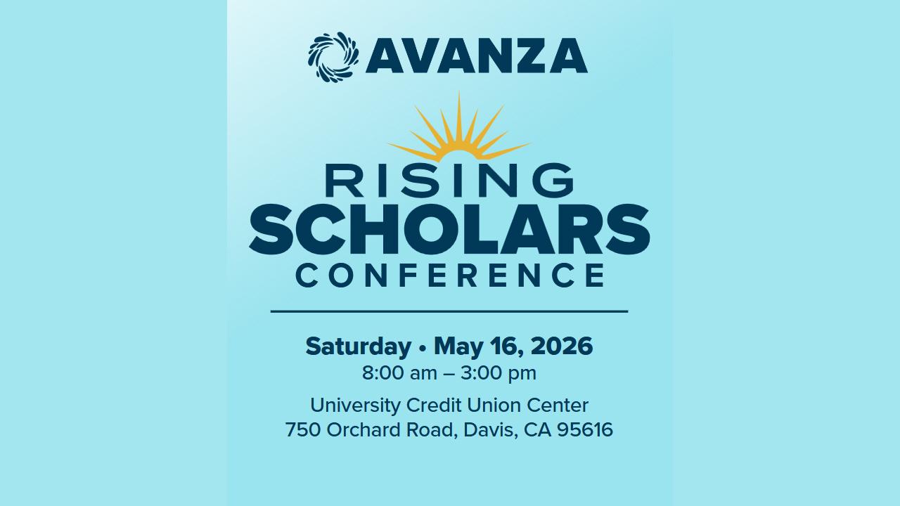 Avanza logo and graphic flyer: Rising Scholars Conference — May 16, 2026, San JoseSc